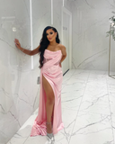 Pink A Line Strapless Corset Satin Long Prom Dress Evening Dress with Slit HZ1023