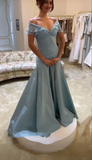 Retro Style A Line Off the Shoulder Blue Satin Long Party Dress Prom Dress HZ1023