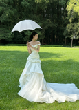 Pretty Mermaid Off the Shoulder White Floral Satin Tulle Long Prom Dress Wedding Dress HZ1023