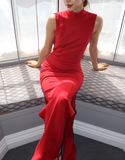 Elegant Sheath Round Neck Red Satin Open Back Prom Dress Evening Dress HZ1023