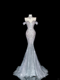 White Elegant Mermaid Off the Shoulder Beaded Lace Long Prom Dress Party Dress HZ1023