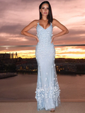 Gentle Sheath Spaghetti Strap Appliques Blue Tulle Prom Dress Evening Dress HZ1023