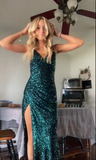 Dark Green Sequin Slit Mermaid Prom Dress Long Evening Dress HZ1023