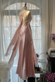 Classy A Line V Neck Beaded Pink Chiffon Satin Long Party Dress Evening Dress HZ1023