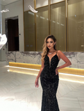 Unique Mermaid Spaghetti Strap Black Sequin Open Back Long Sweep Prom Dress HZ1023