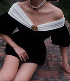 New A Line Puff Black White Satin Short Homecoming Dress Cocktail Dress HZ1023