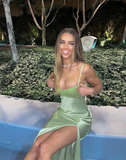 Charming A Line Spaghetti Straps Green Satin Long Prom Dress Evening Dress with Slit HZ1023