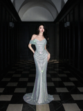 Shiny Mermaid Off the Shoulder Silver Sequin Long Evening Dress Ball Gown HZ1023