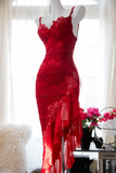 Sexy Sheath Spaghetti Strap Red Lace Chiffon Party Dress Evening Dress HZ1023