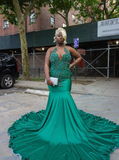 Gorgeous Mermaid V Neck Green Beaded Satin Long Sweep Prom Dress Evening Dress HZ1023
