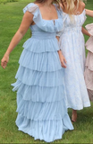 Fairy Sky Blue Sequare Neck Tiered Tulle Evening Dress Long Prom Dress HZ1023