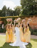 Simple Mermaid Halter Yellow Satin Open Back Bridesmaid Dress Evening Dress HZ1023