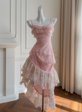 Pink A Line Spaghetti Strap Beaded Lace Homecoming Dress Birthday Dress HZ1023