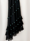 Vintage Blue Floral Black Beaded Ruffles Chiffon Prom Dress Evening Party Gowns HZ1023