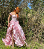 Princess A Line Off the Shoulder Corset Pink Satin Long Sweep Prom Dress with Slit HZ1023