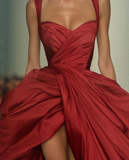 Elegant A Line Strap Burgundy Satin Long Prom Dress Evening Dress with Slit HZ1023