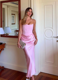 Elegant Sheath Strapless Corset Pink Satin Long Prom Dress Evening Dress HZ1023