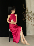 Simple Brilliant Rose A Line Spaghetti Strap Satin Prom Dress Evening Dress HZ1023