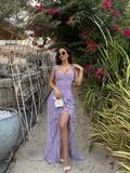 Lilac Flowy Sheath Spaghetti Strap Ruffle Chiffon Prom Dress Party Dress with Slit HZ1023