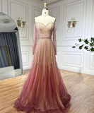 Elegant A Line Sweetheart Neck Long Sleeve Sequins Beads Tulle Prom Dress HZ1023