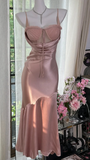 Pink Mermaid Spaghetti Strap Simple Satin Tulle Date Dress Evening Dress Wedding Guest Dress HZ1023
