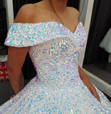 Shiny Royal Blue Ball Gown Off the Shoulder Sequin Sweet 16 Dress Party Gowns Quinceanera Dresses HZ1023