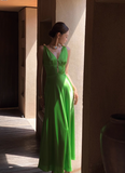 Classic Green A Line V Neck Satin Long Prom Dress Party Dress HZ1023
