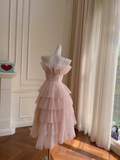 Elegant A Line Spaghetti Strap Layered Light Pink Tulle Short Homecoming Dress Cocktail Dress HZ1023
