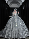 Silver Sequin Ball Gown Round Neck Prom Dress Evening Dress Party Dress HZ1023