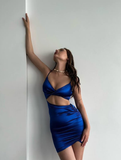 Royal Blue Sheath Spaghetti Strap Satin Mini Homecoming Dress Cocktail Dress HZ1023