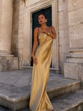 Simple Pecan Bronze A Line Spaghetti Strap Satin Open Back Prom Dress Wedding Guest Dress HZ1023