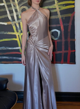 Simple A Line Halter Brown Satin Open Back Long Prom Dress Graduation Prom Dress with Slit HZ1023