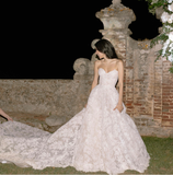 Elegant A Line Sweetheart Neck Lace Tulle Long Sweep Wedding Dress HZ1023