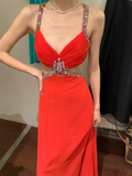 Vintage A Line Spaghetti Strap Red Beaded Sequin Chiffon Long Open Back Prom Dress Evening Dress HZ1023