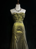 Retro Green Mermaid Strapless Beaded Pleated Satin Prom Dress Evening Dress HZ1023
