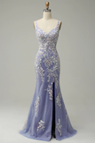 Charming Mermaid V Neck Blue Long Prom Dress With Appliques HZ1023