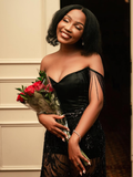 Sexy A Line Off the Shoulder Black Sequin Satin Long Prom Dress Graduation Prom Dress HZ1023