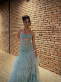 Unique Mermaid Sweetheart Neck Blue Tulle Long Prom Dress Evening Dress HZ1023