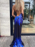 Sexy Sheath Halter Blue Print Floral Chiffon Open Back Evening Dress Outfits HZ1023