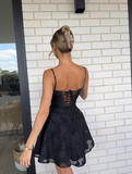 Cute A Line Spaghetti Strap Printed Floral Black Tulle Short Homecoming Dress Outfits HZ1023
