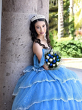 Blue Ball Gown Quinceanera Dresses Off the Shoulder Beaded Layered Tulle Sweet 16 Dress Party Gowns HZ1023