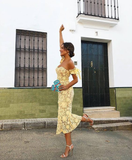 Cute Sweatheart Neckline Yellow Midi Dress With Tie Sleeves HZ1023