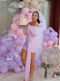 Lilac Sheath Long Sleeve Satin Short Homecoming Dress Birthday Dress HZ1023