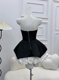 A Line Strapless Flower White Satin Black Velvet Short Homecoming Dress Cocktail Dress HZ1023