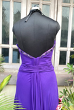 Purple A Line Sweetheart Neck Rhinestone Chiffon Long Prom Dress Evening Dress HZ1023