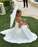 2025 New A Line Spaghetti Strap White Satin Long Prom Dress Evening Dress HZ1023