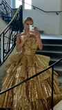 Luxurious Gold Strapless Pleated Irregular Neck Layered Prom Dress Ball Gown Quincea?era Party Dress HZ1023
