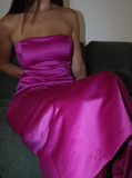 Simple Sheath Strapless Hot Pink Satin Prom Dress Evening Dress HZ1023