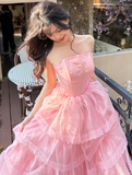 Pink Ball Gown Strapless Corset Layered Organza Prom Dress 16th Birthday Dress HZ1023