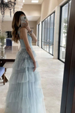Light Blue Tulle Layered Long Prom Dress Elegant Evening Dress HZ1023